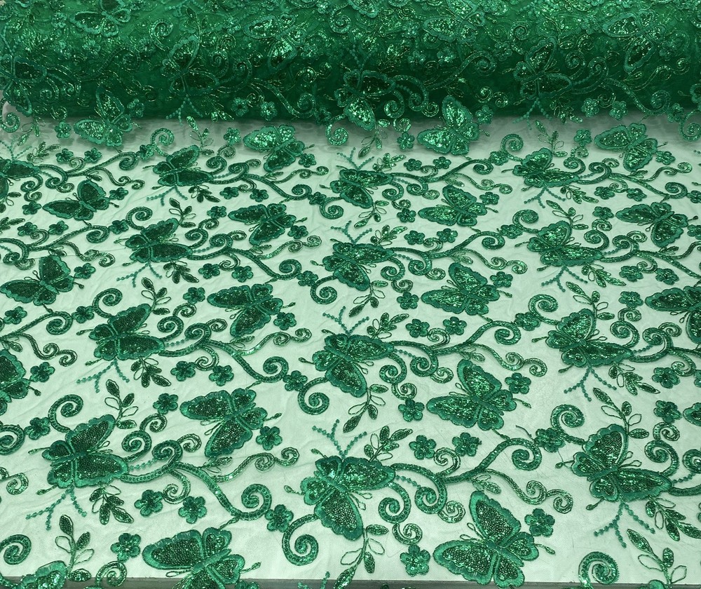 Kelly Green Butterfly Sequin Lace – 3D Embroidered Floral Mesh Couture Beaded