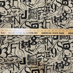 76″L x 48″W Printed Burlap – Tossed Type Letter Number symbol 48 Inches wide