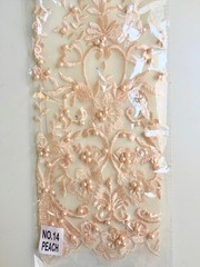 Daphne PEACH Faux Pearls Beaded Flowers and Vines Lace Embroidery on Mesh Fabri