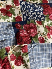 VTG Marcus Fabric 7.22 Yards Floral Red Rose Patchwork Quilt Cotton Blue RARE