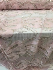 Floral 3D Lace Pink Embroidered Beaded Flowers Mesh Fabric Sold By The Yard Prom