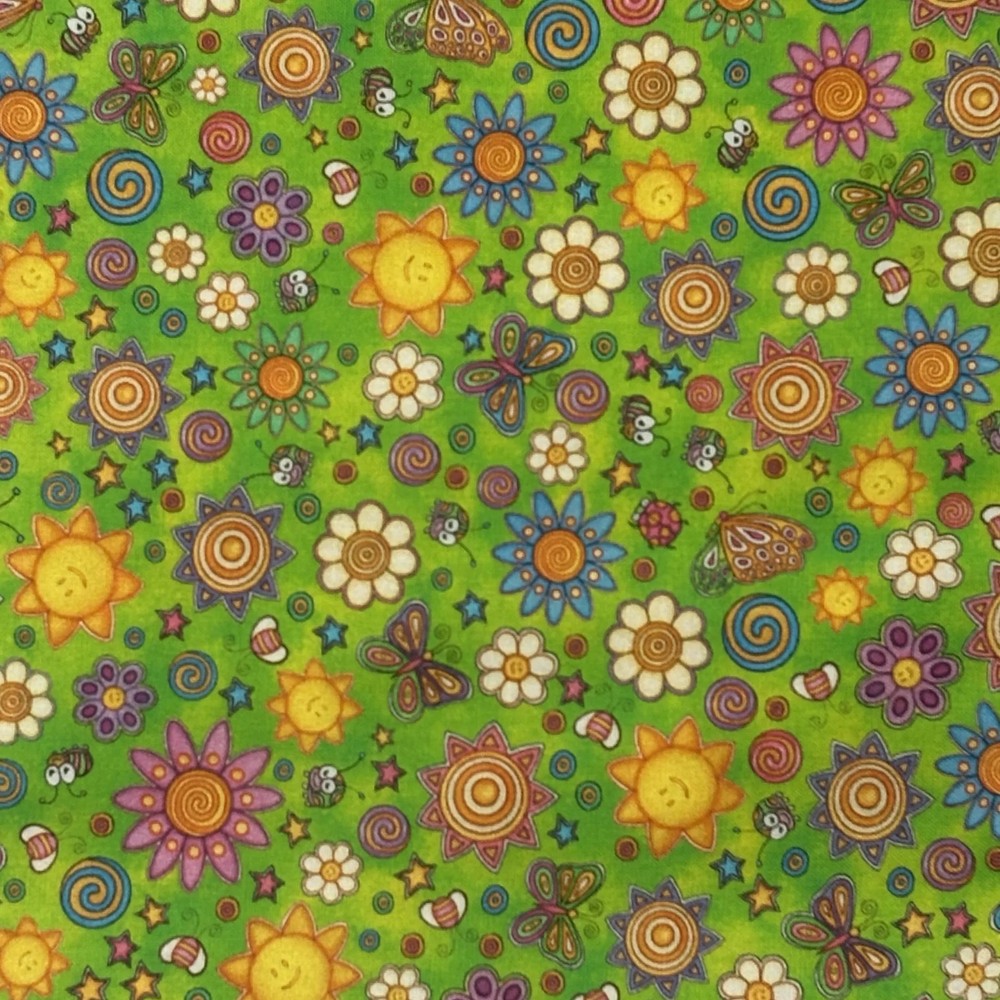 QT Fabrics Dan Morris 2021 Floral Sun Butterfly Green Fabric 44×76 Cotton Blend