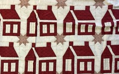 Vintage Red House Cheater Quilt Top. Cotton 10”x10” house. 7’ x 4 1/2’