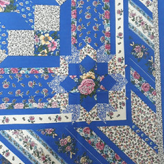 Vintage Fabric Panel 35×45 Cheater Quilt Star Rose Floral Blue Cottage Country