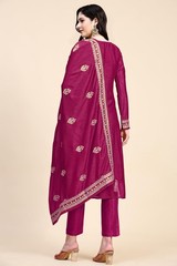 Trendmalls Womens Vichitra Silk Embroidery Salwar Suit Set Kurta Pant Dupatta
