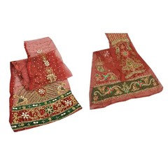 Sanskriti Saskriti Vintage Combo Of Design Fabric Hand Beaded Craft Dark Red Dre