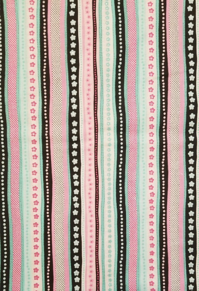 BTHY Stripe Cotton Fabric Touch Of Glitter On Flower Pink Black Aqua Pretty New!