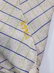 Stamped Beige Windowpane Blue Green Plaid Crepe Flowy Fabric 38.5″w X 60″ 1.6yd
