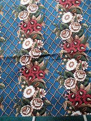 Fabric Red Rooster SALE “Latticework Blue” 2 Pc Vertical Flowers Blue Gold $1.00