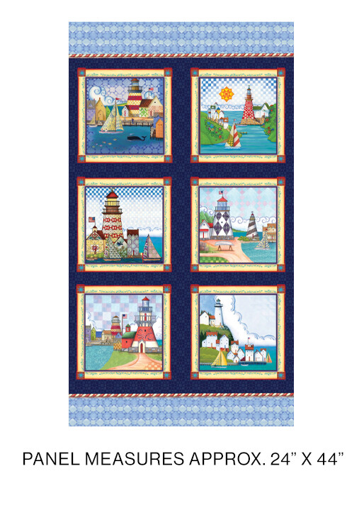 24″ X 44″ Panel Lighthouses Coastal Cities Blue Cotton Fabric Panel D579.74