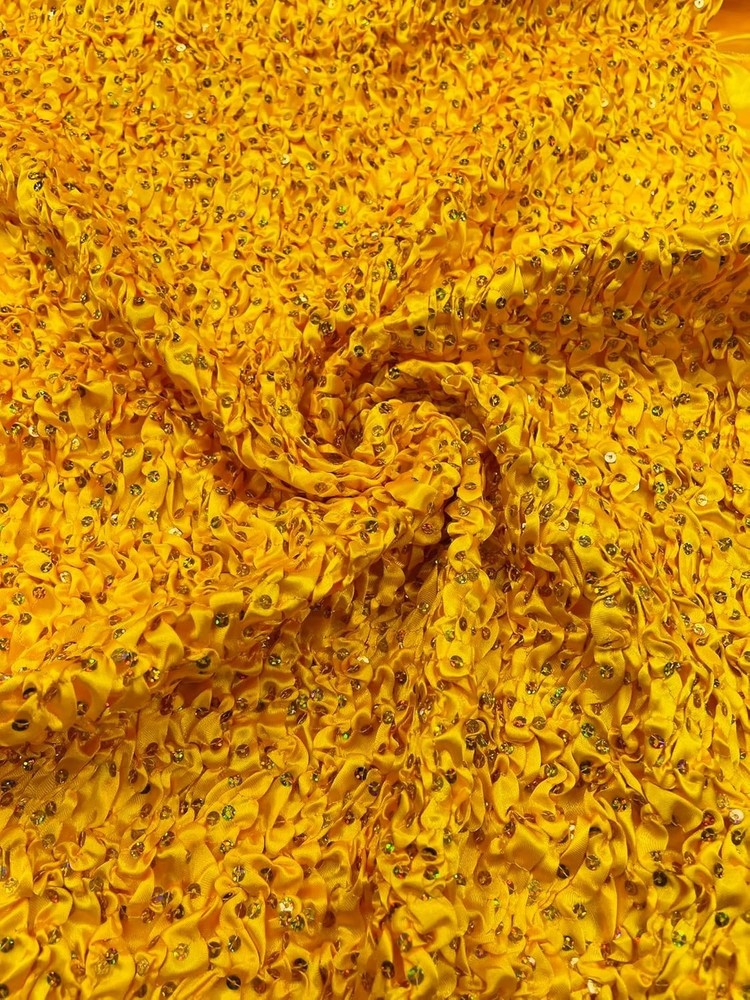 Yellow Pleated Stretch Satin Ruffle lace Trim with Hologram Sequin fabric 24″