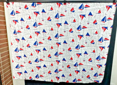 Vintage Sailboat Fabric MCM Mid Century Material 36 x 44 Red White Blue Line Art