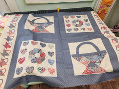 36x 44 Panel Vintage Basket Heart Blue Dots cut and sew Cheater quilt 100 cotton