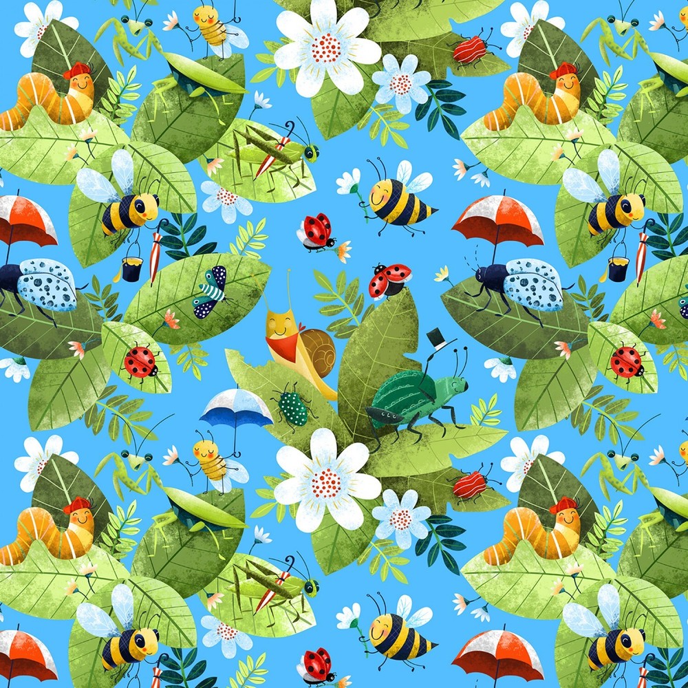 Hidden World, Cute Insects and Leaves, Elizabeth Studios Fabric BTY 44″ Wide