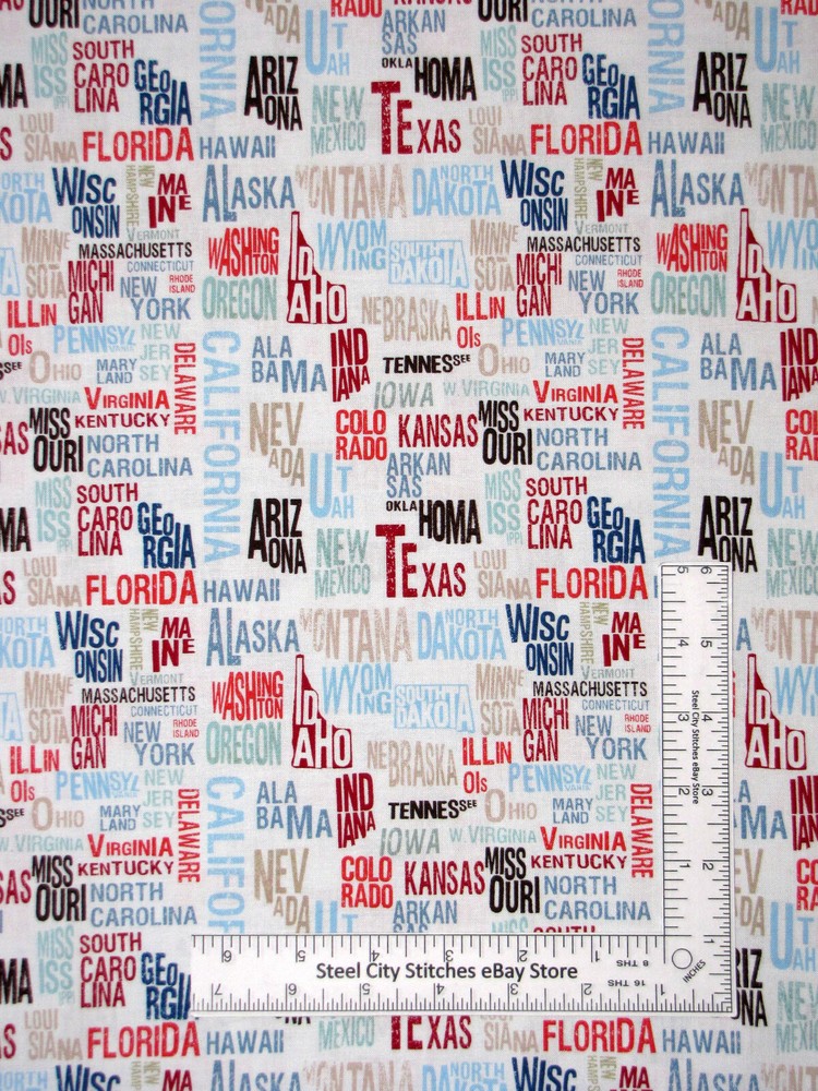 USA State Names Fabric All 50 United States Travel Theme Windham Cotton By Yard