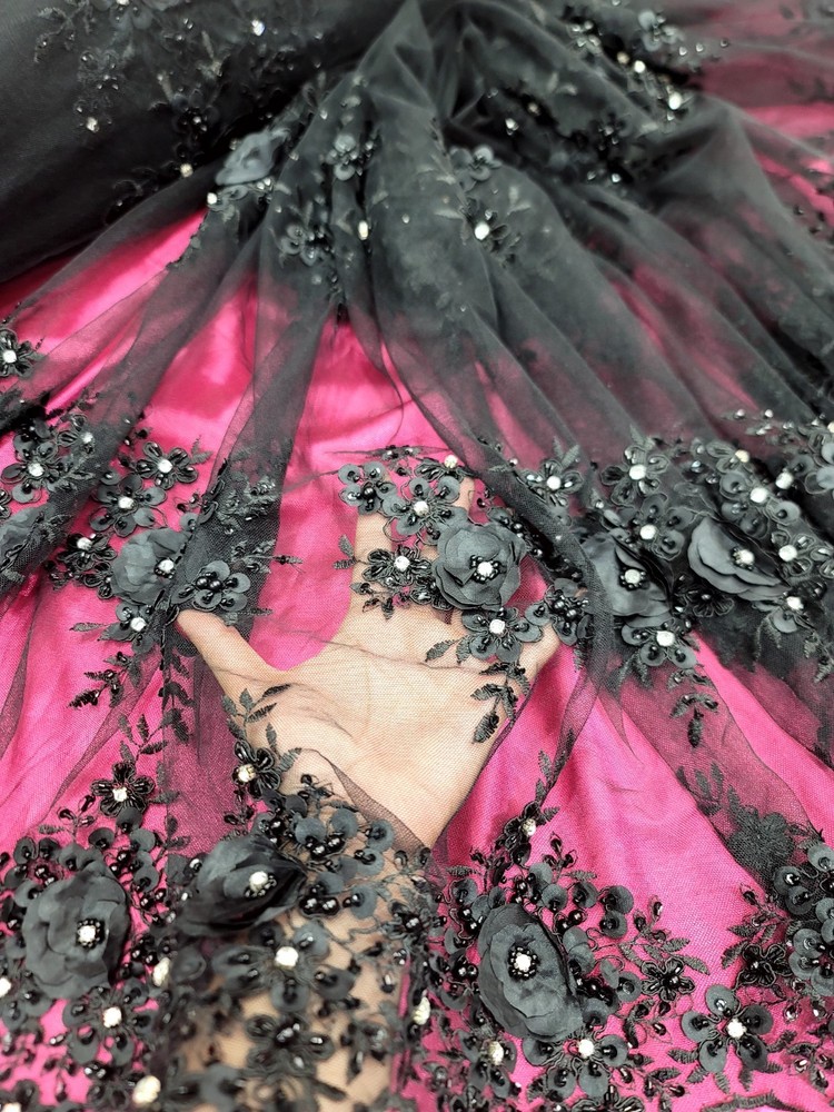Black 3D Floral Lace Embroidered Rhinestones in a Mesh Lace Fabric By Yard