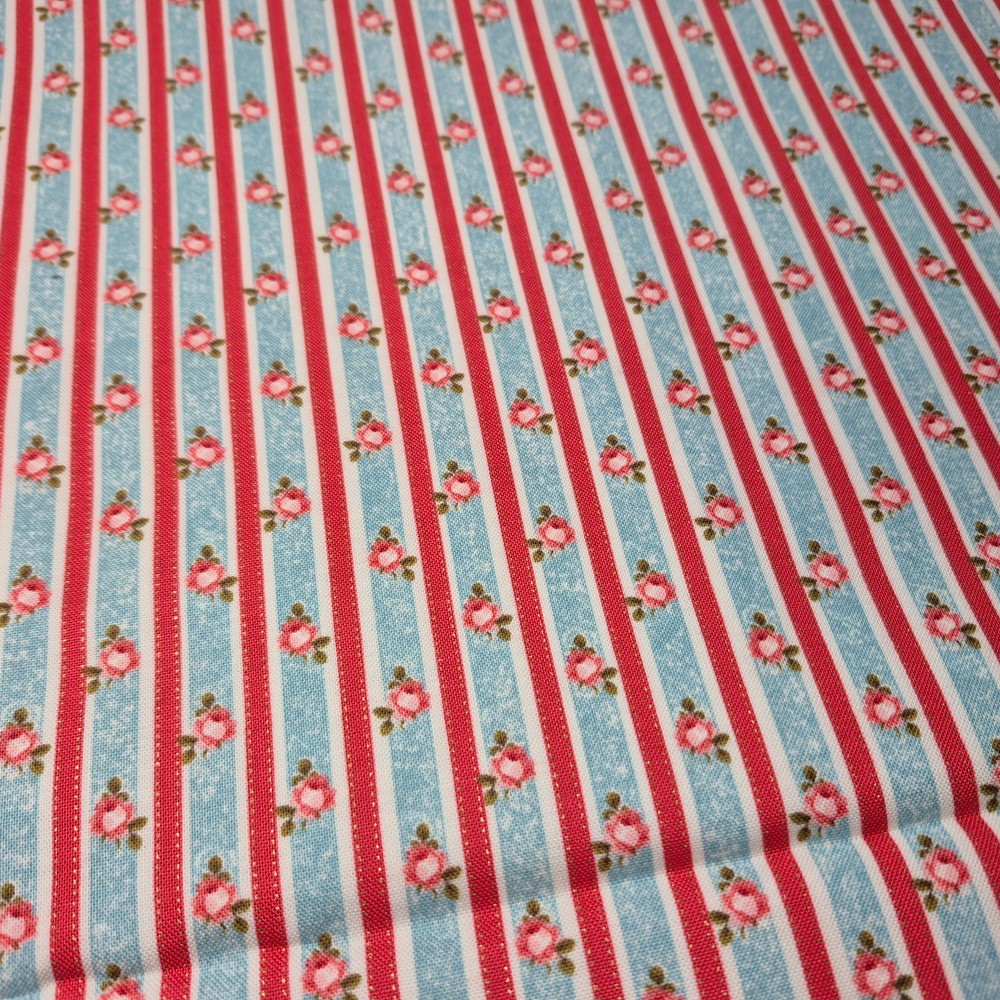 Sky Blue Red White Stripe Pink Roses Joann Buttercream Cotton Fabric 2 Yards