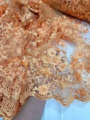 Orange 3D Flowers Beaded Lace Embroidered Mesh Fabric – Sold by the Yard