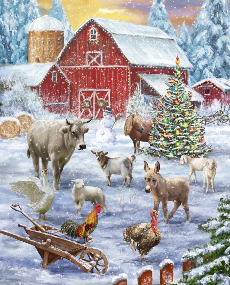 Frosty on the Farm ~ Winter, Farm Animal Christmas Holiday Fabric Panel ~ 36″