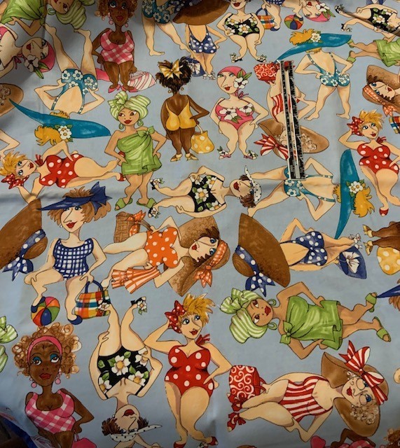 Loralie Harris Bathing Beauties Fabric Blue RARE 1 YARD Cotton Quilt Lady