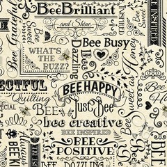 1 1/6 Yards Bee Happy & Positive Words on Natural Cotton Fabric C7172