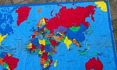 Vintage Sewing Fabric Traditions World Map Panel 1990s Blue & Brights 35×60”