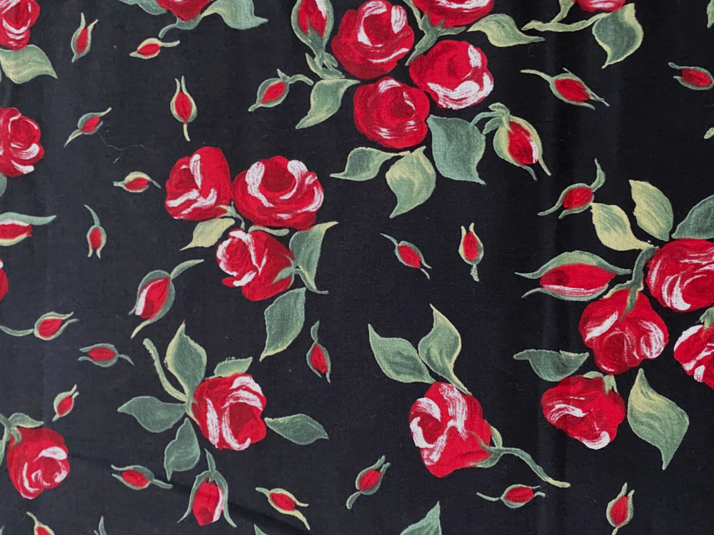 Painted Rose for RJR Fabrics Red Roses on Black Cotton Fabric 1.75 yds