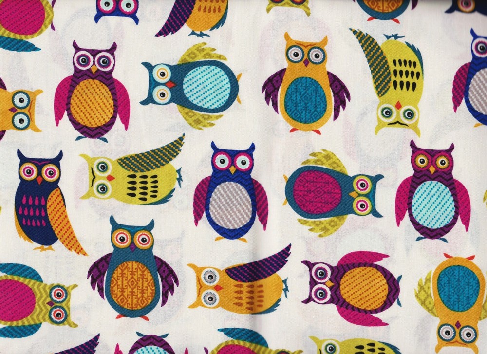 BTY Adorable OWLS on White Print 100% Cotton Quilt Crafting Fabric by the Yard