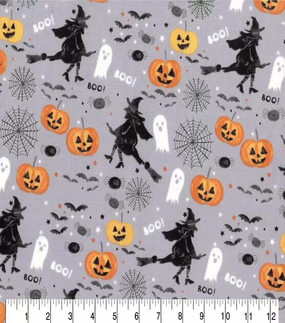 1/4 Yard 9”x42” Gray Witches Ghosts Pumpkins Halloween Cotton Quilting Fabric
