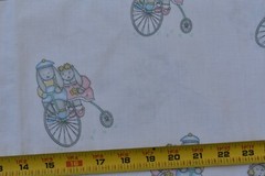 38″ x 44″, Vintage, Bunnies on Old Bicycles on White Quilt Fabric/Princess,C1378