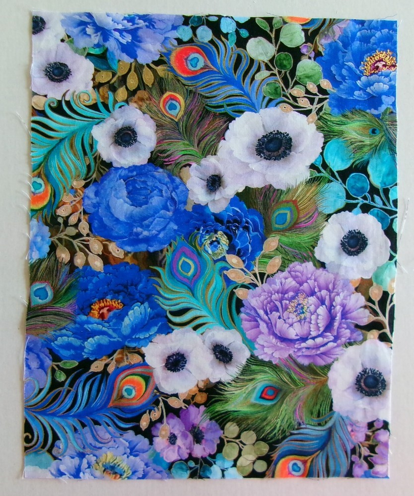 Cotton Fabric Pic B – Bright Colors Flowers and Feathers- 13 3/4″ L x 10 3/4″ W