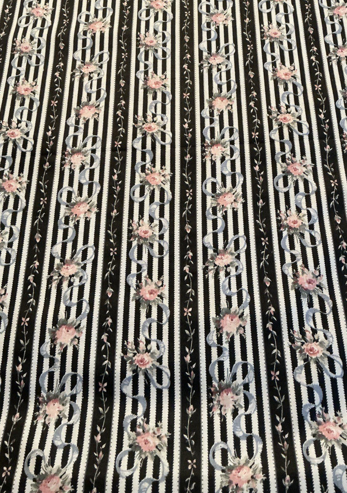 Floral on Black and White Stripe Fabric by the yard, 45” wide, cotton