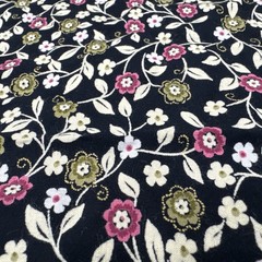 Pink White Green Floral Vines Black Rayon Fabric BTHY #61