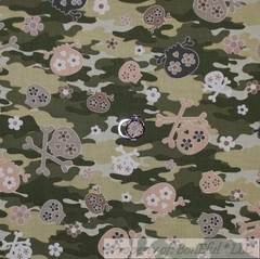 BonEful Fabric FQ Cotton Quilt Green Army Camouflage Camo Flower Skull Skeleton