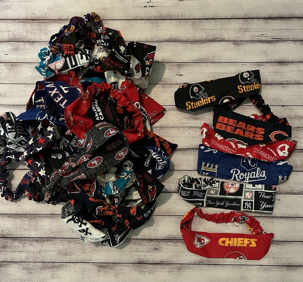 Lot of Sports Team Print Fabric Hair Scrunchies & Headbands, Multicolor