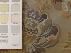 100% Silk Lampas French Pomegranate “whiskey” Blue Tan Gold Historical Design