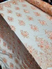 Peach 3D Floral Lace Fabric with Pearls & Scalloped Mesh by the Yard