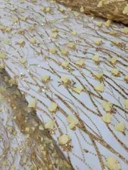 “Embroidered Fabric with 3D Flowers and Gold Lace – Sold by the Yard with Sequin