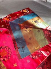 Silk Satin Woven Brocade Fabric Remnant Red Jewel Tones 37x 46″ Good Fortune