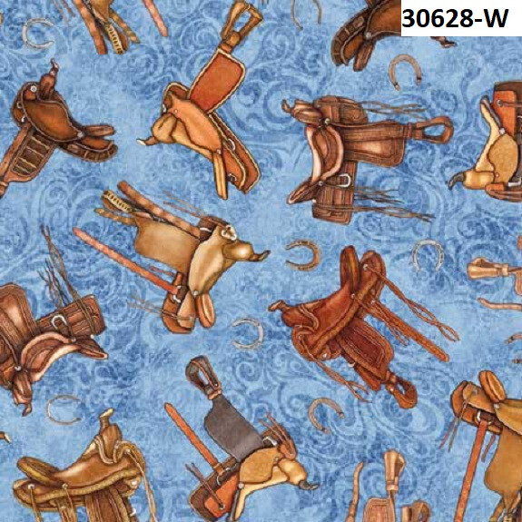 Running Wild Horses BTY Cotton quilt fabric QT Western Saddles 30628-W Blue