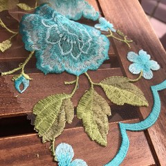 Iris TURQUOISE Floral and Leaves Embroidery on Mesh Lace Fabric by the Yard – 1