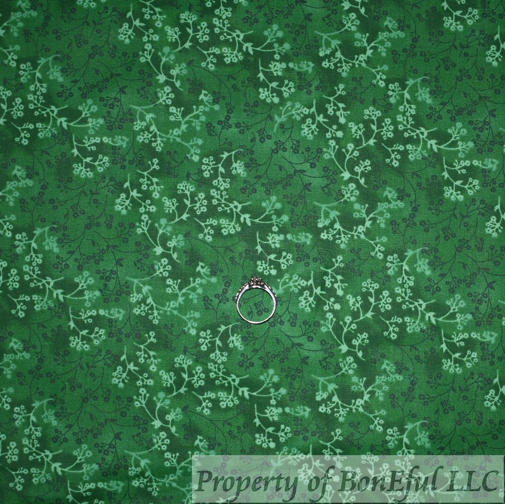 BonEFul FQ Cotton Quilt Dark Kelly Green Tone Calico Tiny Flower Blender Print S