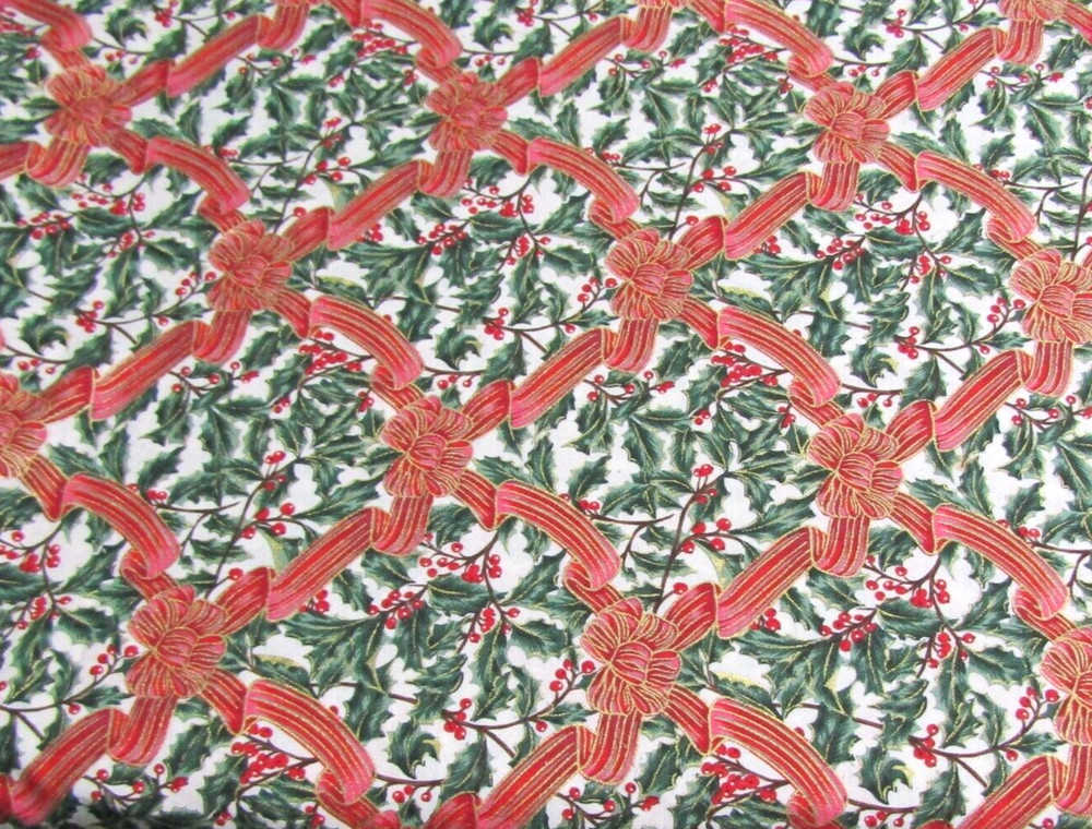 Christmas Holiday Cotton Fabric Red Ribbons with Green Holly 42″ wide 40″ long