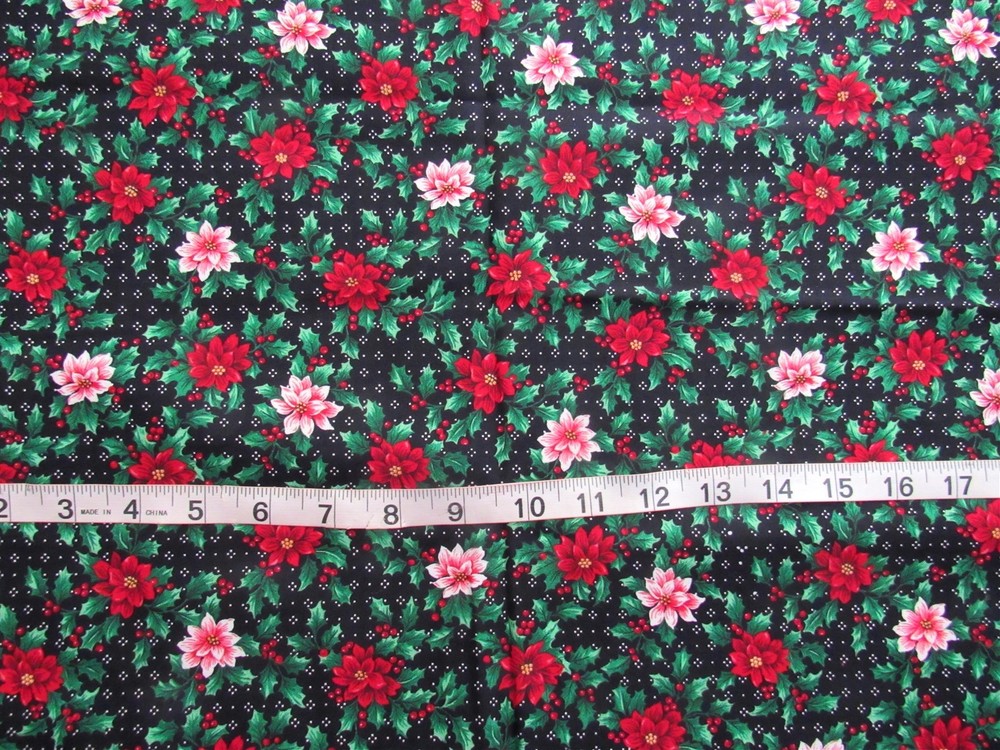 1 yd Cotton Fabric Black with Red & White Poinsettias & Green Ivy