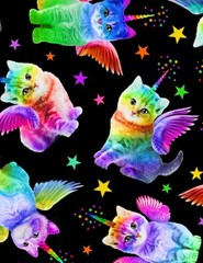 Animal Fabric – Rainbow Unicorn Cat Toss Black – Timeless Treasures YARD