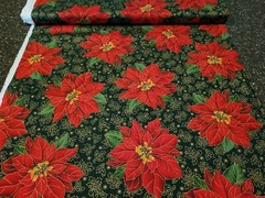 26″ Poinsettia Print Quilting Treasures Red Gold Poinsettia on Hunter Green