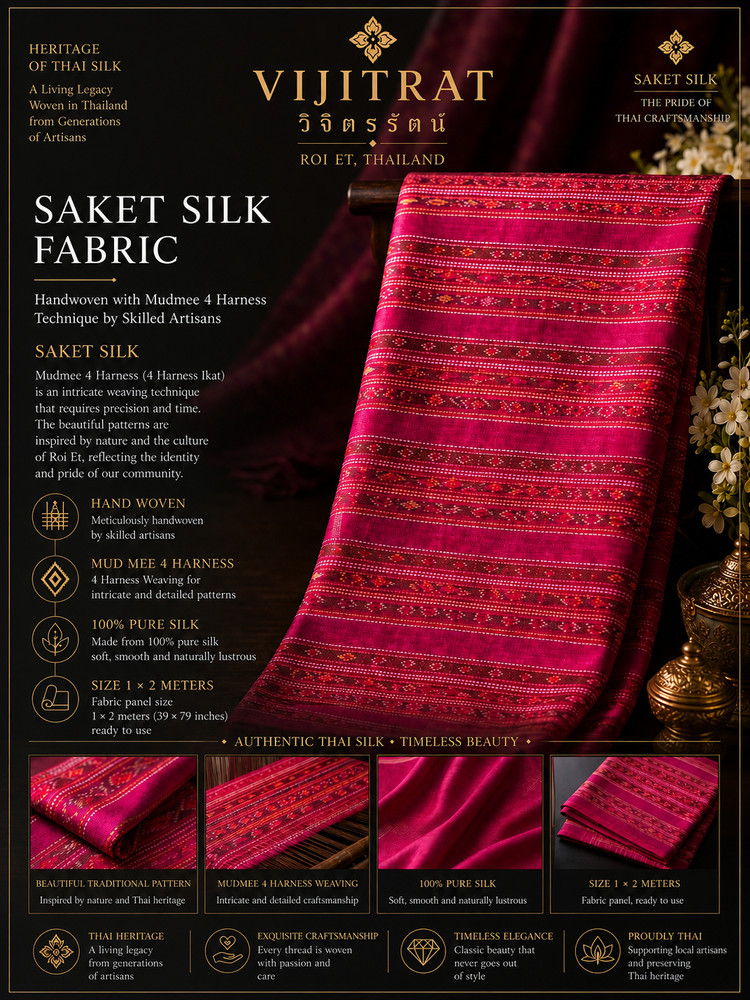 Luxury Thai Saket Silk Fabric Handwoven Mudmee 4 Harness 100% Silk 1x2m