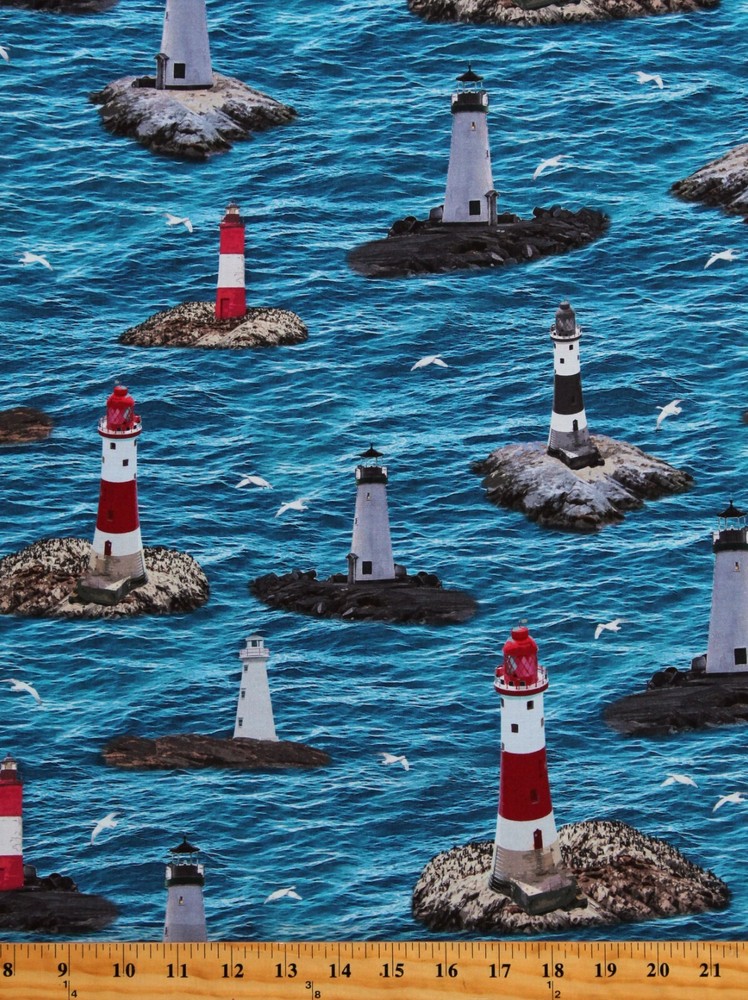 Cotton Lighthouses Ocean Nautical Scenic Coastal Fabric Print by Yard D368.62