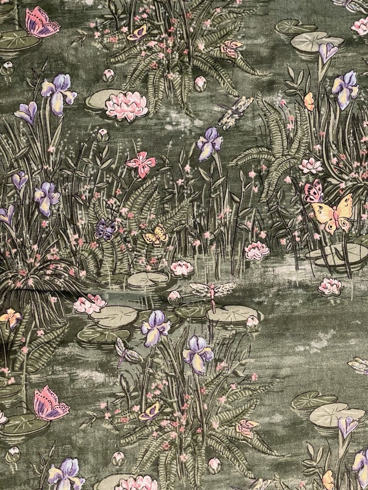 Cotton Fabric – Pond Scene Lotus Floral Butterfly Dragonfly Leaf Green 48”x44”