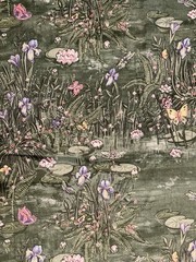 Cotton Fabric – Pond Scene Lotus Floral Butterfly Dragonfly Leaf Green 48”x44”